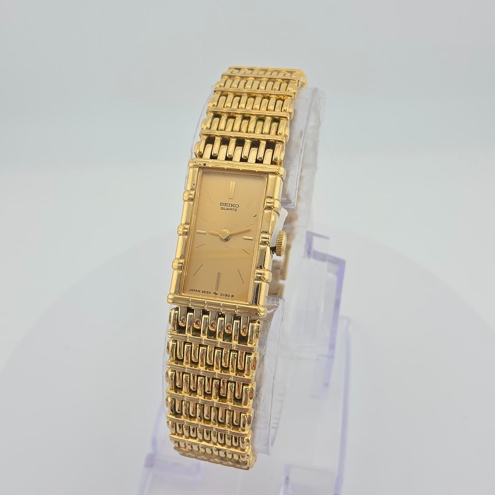 Vintage SEIKO Ladies Tank Watch 2E70-5070 Bamboo Band Yellow Gold Plate 6.75"